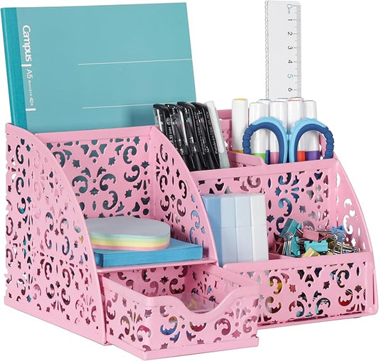 EasyPAG Pen Holder Desk Organizer with Drawer Pencil Cup for Desk 6 Compartments Metal Office Caddy Storage with Sticky Notes Holder for School Home Office, Pink