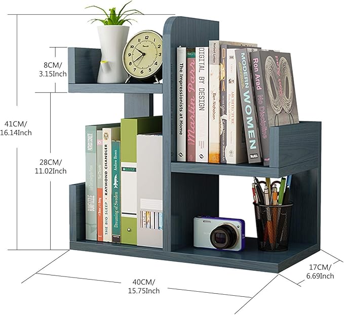 Wooden Desktop Shelf Small Bookshelf Mini Bookshelf Assembly countertop Bookcase Accessories Display Stand Office Supplies Desk Storage Box (Nordic Blue)