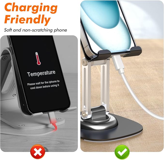 Metal Cell Phone Stand for Desk, Adjustable Foldable Desktop Phone Holder, 360 Degree Rotating Phone Stand for Recording Compatible with iPhone 17 16 15 14 13 12 11 Pro, Black