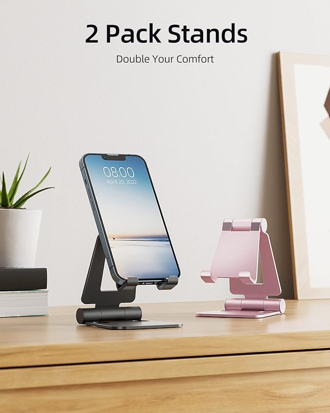Nulaxy 2 Pack Dual Folding Cell Phone Stand, Fully Adjustable Foldable Desktop Phone Holder Cradle Dock Compatible with iPhone 17 16 15 14 13 12 Pro Max Xs Xr, All Phones, Black & Rose Gold