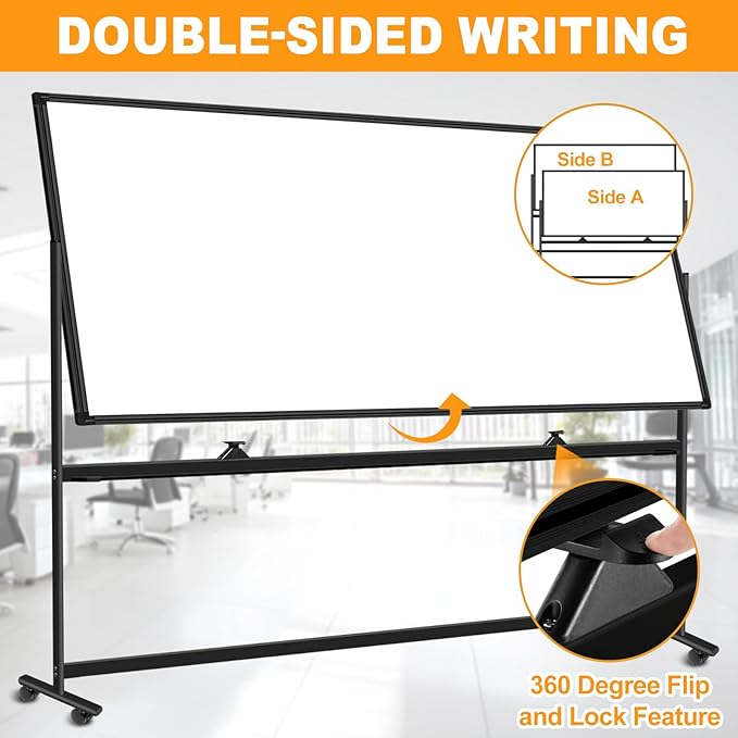 Large Magnetic Rolling Whiteboard on Wheels, 96 x 48 Inches, Double-Sided Mobile White Board with Stand, 8' x 4' Dry Erase Board with Stand for Office, School, Home, 3 Eraser, 6 Markers, 24 Magnets