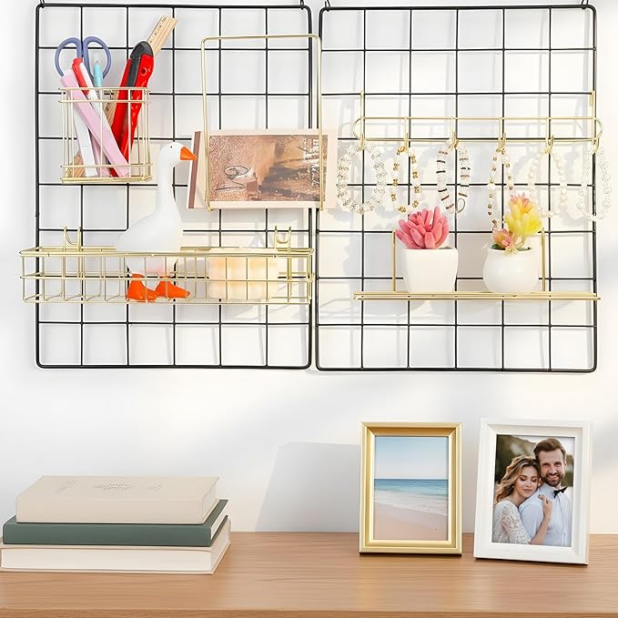 Metal Mesh Wall Grid Panel Hanging Basket,Display Shelf,Pen Holder,Hooks Rack,Bookshelf,Decorative Desk Storage Organizer for Office,Study,Set of 5 (Gold)
