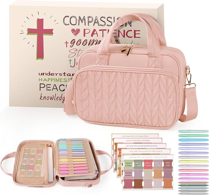 Bible Cover Case for Women, Large Bible Bag with Study Supplies, Bible Journaling Kit with Highlighters and Pens No Bleed, Christian Gift for Women (Shoulder Strap, Light Pink)
