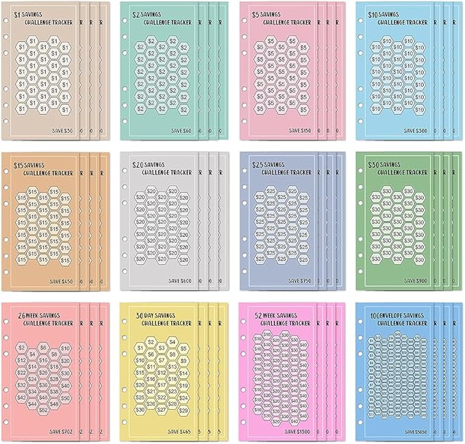 48 Sheets 100 Envelopes Money Saving Challenge Binder Trackers, 6 Ring A6 Binders Savings Challenge Trackers Cards for Budget Planner, Multiple Budget Sheets for Cash Stuffing