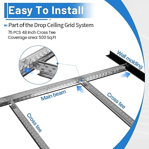 75 PCS 48 Inch Cross Tee Drop Ceiling Grid System, 4 Ft Galvanized Steel Rust & Fire Resistance Easy Installation, Ideal for Basement Living Room Garage Kitchen Bathroom Black