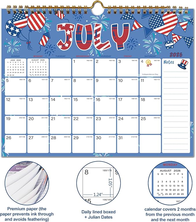 2026 Calendar - 18 Monthly Wall Calendar, July 2025 - December 2026, 8.5" x 11", Calendar 2026 with Twin-Wire Binding, Hanging Hook, Blocks and Julian Dates (2025-2026 Wall Calendar)