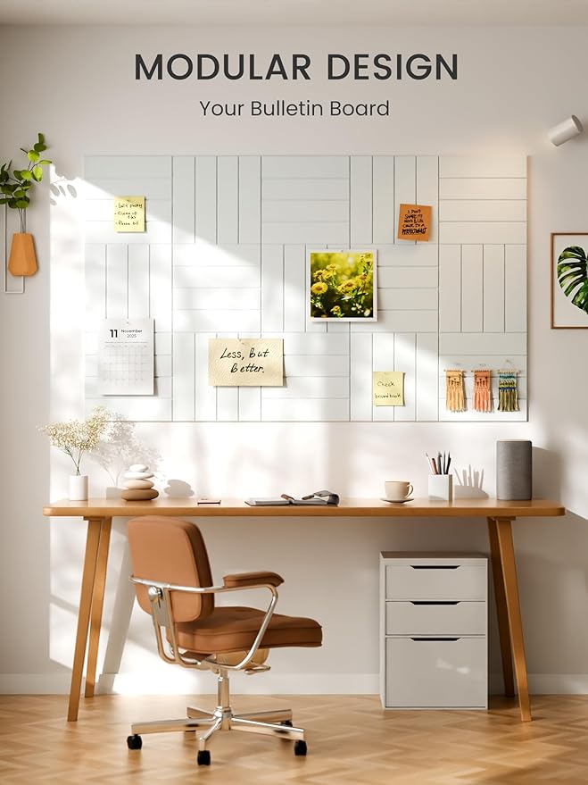Bumusty Large Cork Board Alternative-48 x 36" Felt Bulletin Board Tiles, with 30 Pushpins, 70 Adhesive Tabs, 12-Pack Slat Wall Paneling, Cork Boards for Office Push Pin Board Felt Board-Cold White