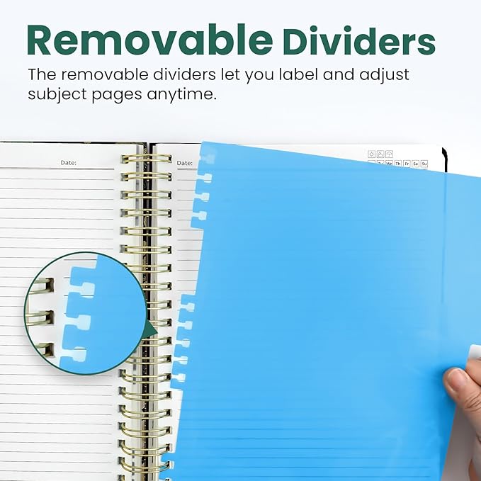 Large Spiral Lined Notebooks for Work with Removable Dividers & Tabs, 8.5"x11" Pretty Hardcover 5 Subject Notebook Journal for Women, College Ruled, Perfect for Study & Office Organization, 280 Pages,Forest Botanica