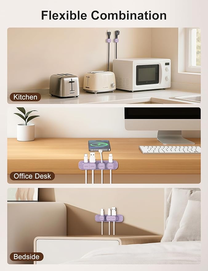 6 Pack Magnetic Cable Clips [1s Open/Lock], Laitver Cord Organizer Holder Strong Adhesive Desk Cable Management- Organize Charging Cords Neatly for Home, Office, Car,Desk, Nightstand-Purple