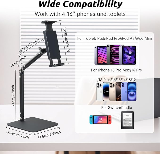 UTEBIT Tablet Stand Holder for iPad, 9.5''-16.5''Height Adjustable Tablet iPad Stand for Desk Support 22LBS, 360°Rotating Arm Portable Monitor Holder Mount for 4''-13''All iPad, iphone 17 16pro, Black