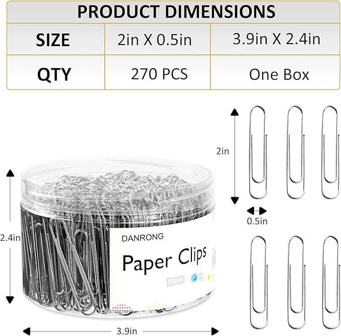 Silver Jumbo Paper Clips, 270pcs 2 Inch (50 mm) Paper Clip, Large Paperclips Great for Office School and Personal Use(2 in, Silver)