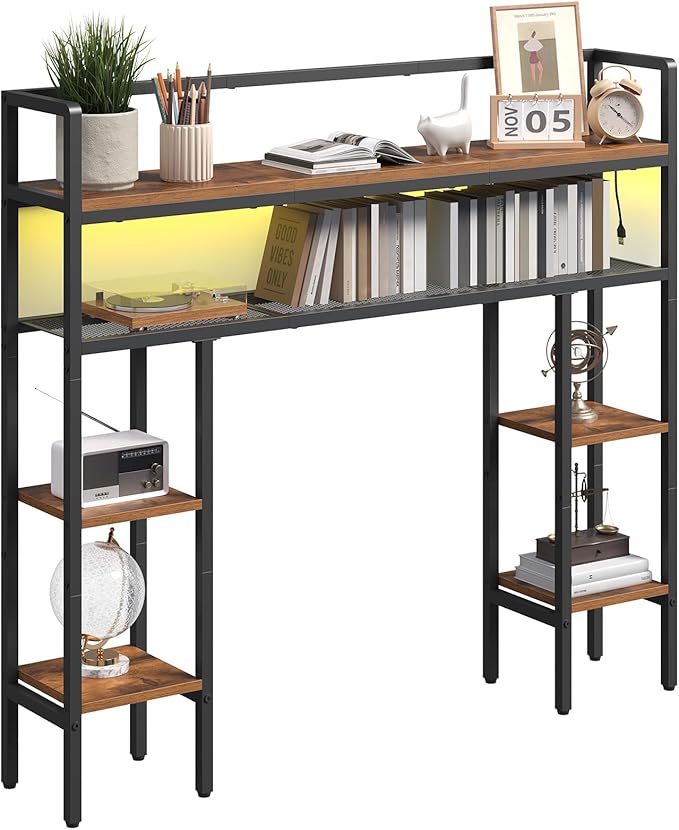 Desktop Shelf with LED Light Strip, Desktop Hutch with Adjustable Feet and Anti-Tip Kit, Storage Shelf with Particleboard Shelves and Wire Mesh, for Study, Home Office, Rustic Brown DSHR9801