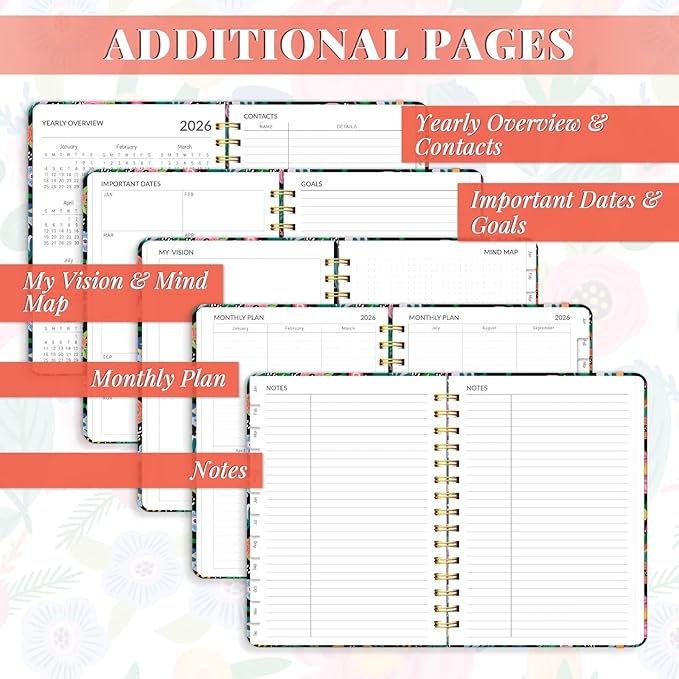 2026 Planner, A5 Weekly and Monthly Planners with Tabs, Spiral Bound Daily Calendar 2026 Planner, Agenda Organizers from Jan. to Dec., Hardcover Habit Tracker Journal 6.18" x 8.5"(Pink Bloss)