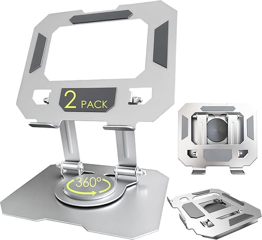 Tablet Stand for iPad 2 PACK, 360° Rotating Desktop Holder, Carbon Steel Adjustable Foldable Desk Holder for Home/Office, for Phone iPad Pro Air Samsung, for 4" -16", Portable Upgraded - Silver