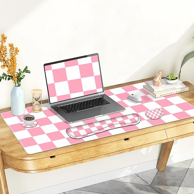 Pastel Pink White Checker Mouse Pad Set, 4 in1 Ergonomics Keyboard Desk Mat with Memory Foam Wrist Rest, Extended Game Mousepad, Non-Slip Large Gaming Desk Pad Matt Easy Typing Pain Relief