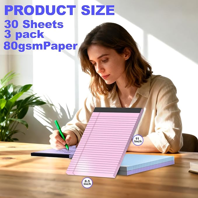 3 Pack Colored Legal Pads 8.5 x 11 Inch, Wide Ruled Notepads Lined Memo Note Pads, 8.5x11 Inch Micro Perforated Writing Pads 30 Sheets Per Pad for Work Study Daily Note Taking List