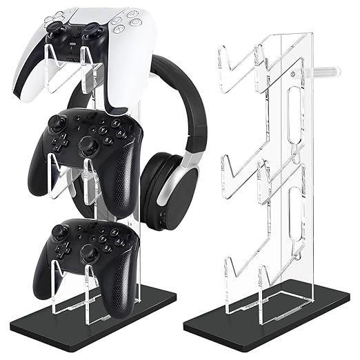 FYY Game Controller Holder 3 Tiers - Universal Dual Controller Stand Headphone Holder, Acrylic Black Controller Display Stand Compatible with Nintendo Switch Xbox PS5 PS4, Desk Mounts for Controller