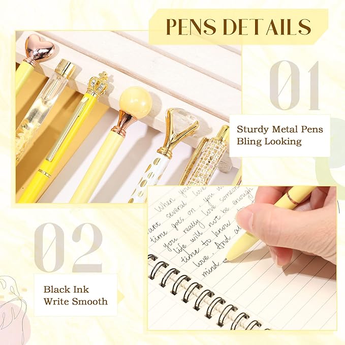 Janmini 9 Pcs Ballpoint Pens Set Metal Crystal Diamond Glitter Pens for Journaling Black Ink Pretty Cute Things Fancy Stationery Gifts for Women Girls Birthday Home Office Desk(Yellow)