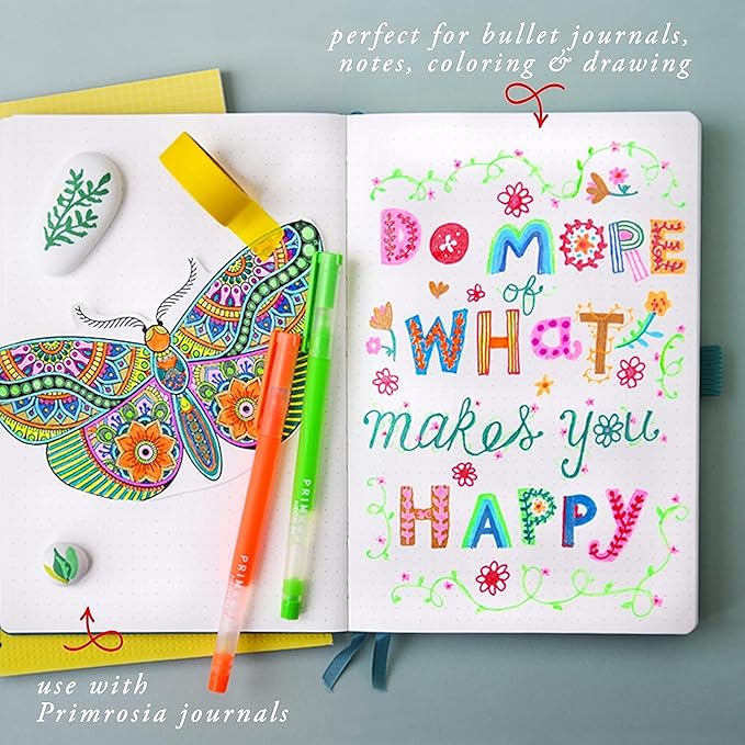 Primrosia 48 Gel Pens, inc. Metallic, Pastel, Glitter & Flourescent for Adult Coloring Book & Bullet Journal Pens. No-Bleed-Through in a Variety of Shades, 7.5x More Ink Fine Point Markers Set