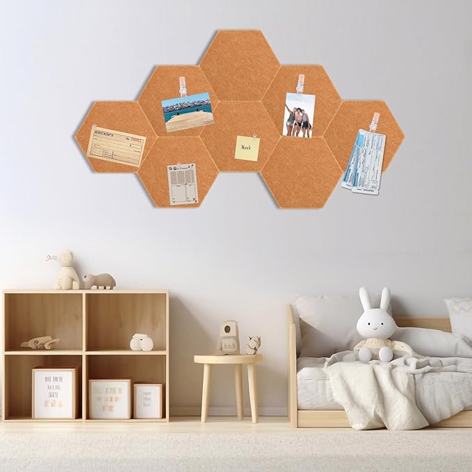 8 Pcs 12" Large Hexagon Felt Cork Board Tiles Self Adhesive DIY Bulletin Board Pin for Office Home Wall Decor Stickers Memos Photos Display with 10 Multi-Color Clip Drawing Pins(Yellow)