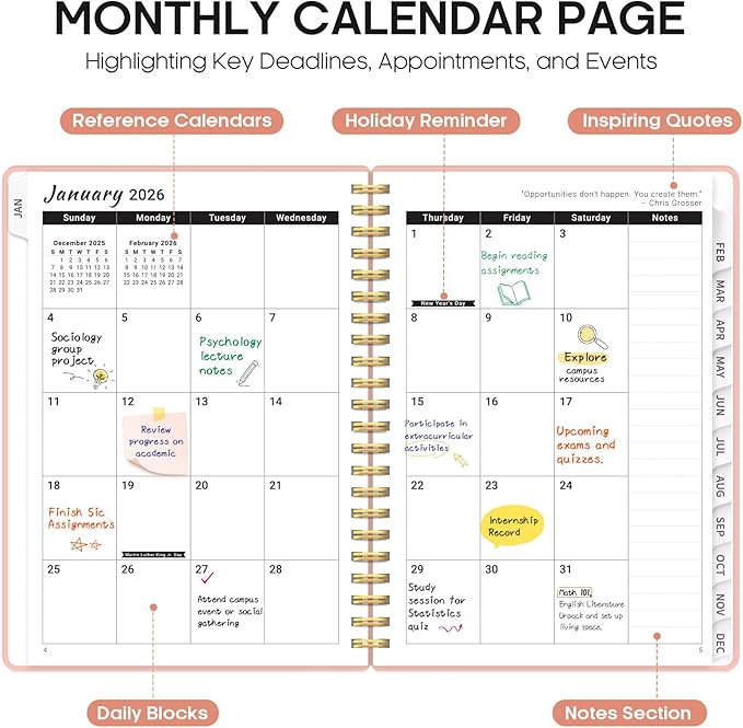 2026 Planner, Weekly and Monthly Calender Planner, Jan 2026 to Dec 2026, Hardcover 2026 Calendar Book with Tabs & Inner Pocket, Office Home School Supplies for Women & Men - A4 (8.5" x 11"), Pink