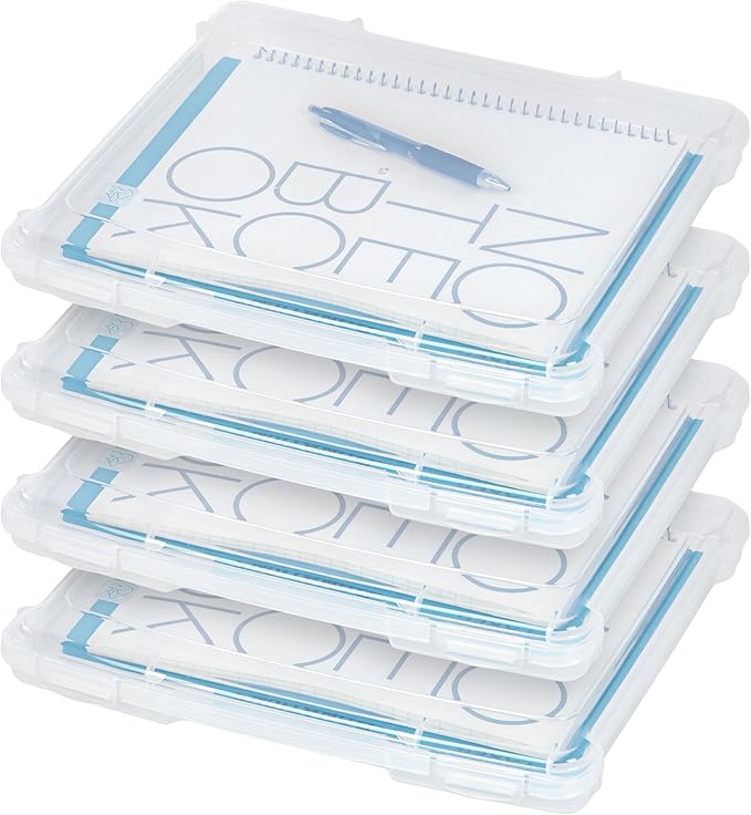 IRIS USA Board Game Storage Craft Organizer Box with Snap-Tight Latch Lid, 4-Pack Portable Plastic Case Bin for Puzzles, Magazines, Hobbies, Art Supplies, Fits 8.5" x 11" & A4 Papers, Slim, Clear
