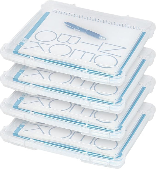 IRIS USA Board Game Storage Craft Organizer Box with Snap-Tight Latch Lid, 4-Pack Portable Plastic Case Bin for Puzzles, Magazines, Hobbies, Art Supplies, Fits 8.5" x 11" & A4 Papers, Slim, Clear