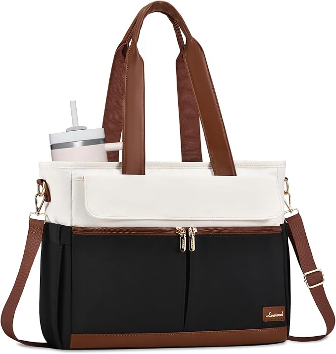 LOVEVOOK Upgrade Version Work Bags for Women 15.6 Inch Laptop Bag Large Capacity Mutiple Pockets Teacher Bag Water Resistant Canvas Tote Bag Purse for Office Travel College Nurse Teacher, Black Brown