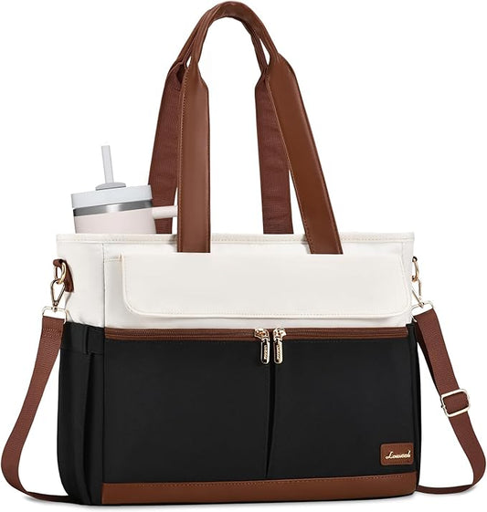 LOVEVOOK Upgrade Version Work Bags for Women 15.6 Inch Laptop Bag Large Capacity Mutiple Pockets Teacher Bag Water Resistant Canvas Tote Bag Purse for Office Travel College Nurse Teacher, Black Brown