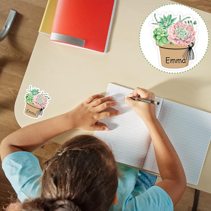 Whaline 120Pcs Back to School Succulent Name Tags 12 Designs Potted Succulent Nameplate Sticekrs Classroom Bulletin Board Decoration Label Stickers for Office School Desk Wall Message Board, 20 Sheet