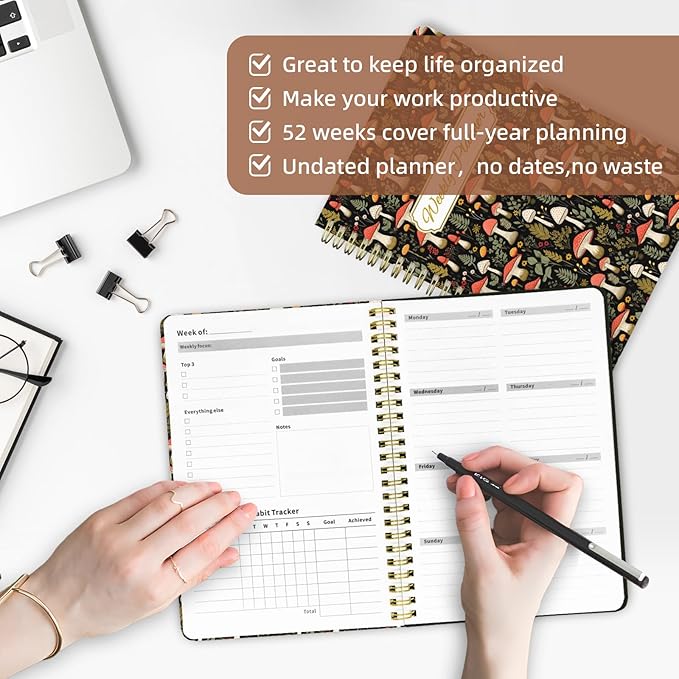 Weekly Planner Undated - 52 Weeks To Do List Notebook A5 for Work: Weekly Task, Habit Tracker Journal, Goal Setting, Agenda Sprial Bound Organizer Book for Women Cute Stylish Design, Mushroom