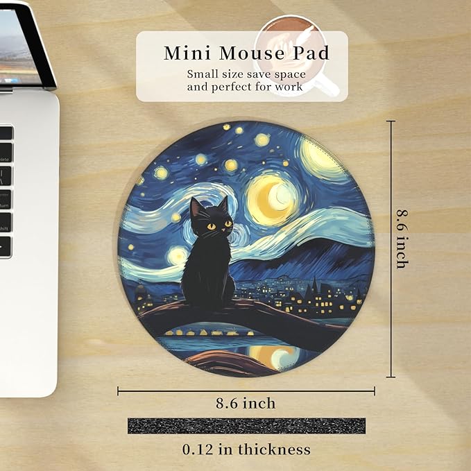 Black Cat Mouse Pad for Desk, Starry Night Small Cute Mousepad with Non-Slip Rubber Base, Round Mouse Pads for Wireless Mouse Laptop, Computer Mouse Mat for Home Office Desk Accessories