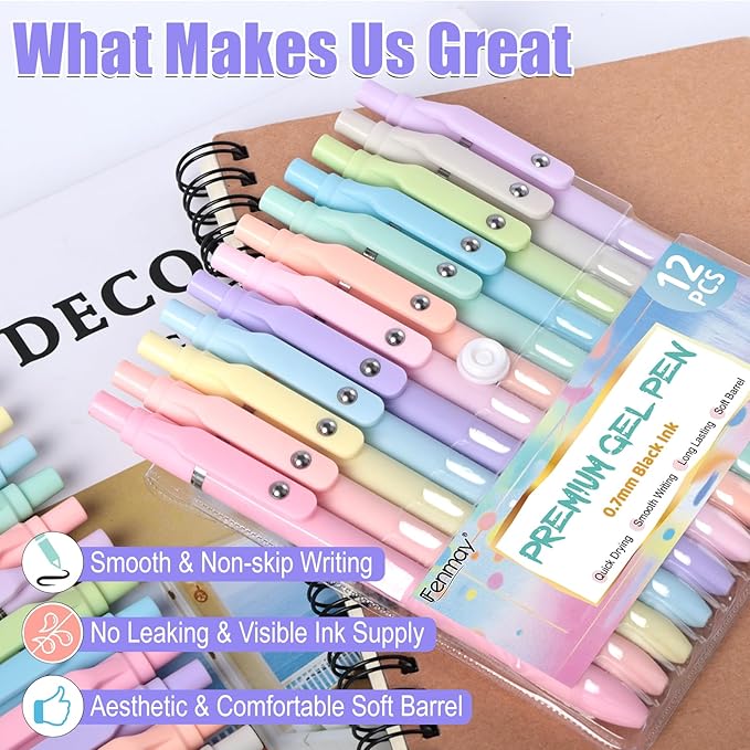 Gel Pens, 12 Pcs Black Ink Pens 0.7mm Medium Point| Quick Dry No Smudge, Smooth Writing, Retractable Cute Aesthetic Pens for Journaling Note Taking School Office Supplies