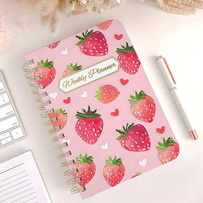 Weekly Planner Undated - 52 Weeks To Do List Notebook A5 for Work: Weekly Task, Habit Tracker Journal, Goal Setting, Agenda Sprial Bound Organizer Book Women Cute Stylish Design, Strawberry
