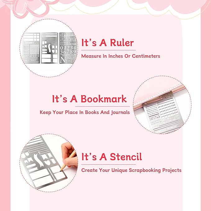 3 Pack Metal Planner Stencils Set, Reusable Stainless Steel Journal Templates Rulers for Bullet Journaling, Habit Tracker, Scrapbooking, DIY Drawing & A5 Notebook Planning