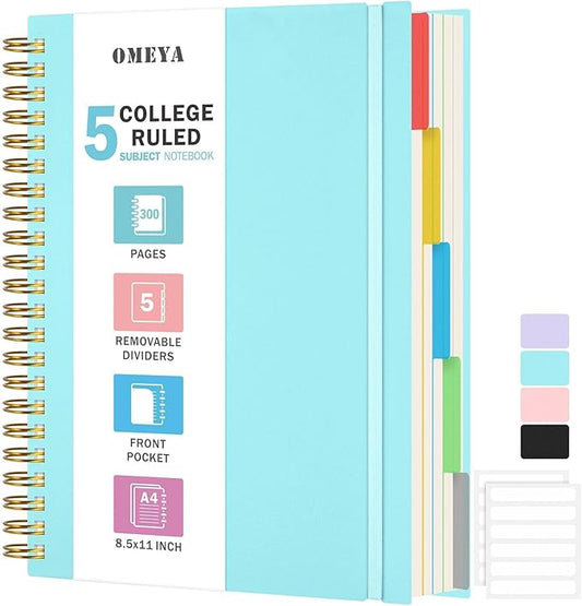Spiral Notebook 8.5" x 11", 5 Subject Notebooks College Ruled with Removable Dividers, 300 Pages 100GSM Thick Spiral Writing Journal for Women & Men, Large A4 Lined Journal Notebooks for Work, School