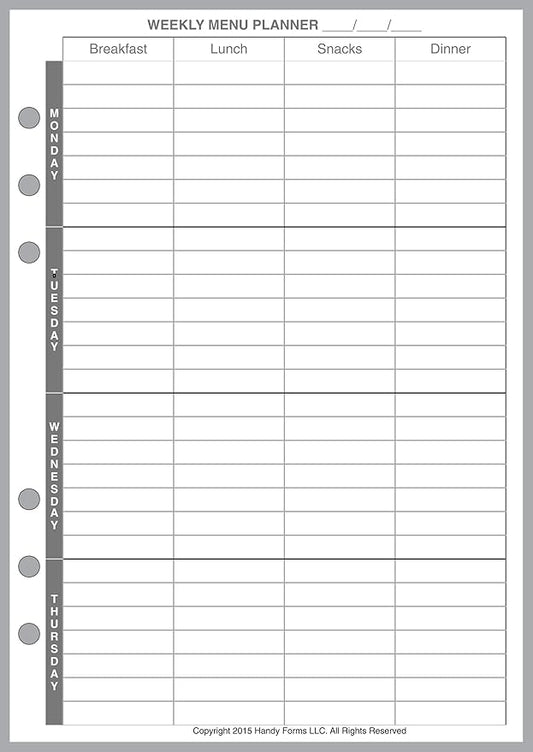 A5 Size Menu Planner and Shopping List, Sized and Punched for 6-Ring A5 Notebooks by Filofax, LV (GM), Kikki K, TMI, and Others. Sheet Size 5.83" x 8.27" (148mm x 210mm)