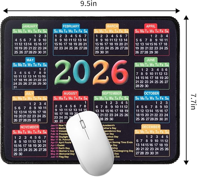Mouse Pad with Stitched Edge, Computer Mouse Mat with Non-Slip Rubber Base, 2026 Calendar Mousepad
