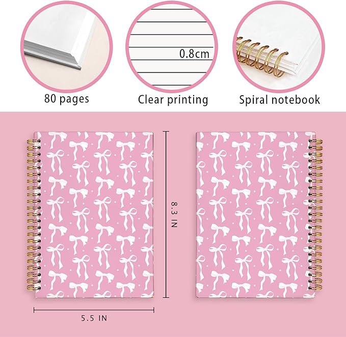 LIANGW Coquette Pink Bow Notebook Journal for Teen Girls & Women, Preppy Cute Journal Gifts for Women, Girly Gifts, Pink Bow Office Supplies, Hardcover Spiral Notebook, 5.5x8.3 Inch
