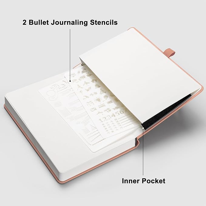 RETTACY Dotted Journal Notebook, 192 Pages, A5 Medium Size (5.7'' x 8.3''), Leather Hardcover, 100 GSM Thick Paper, for Bullet Journaling, Planning, Tracking (Pink)