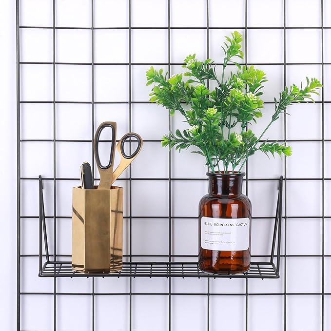 Kaforise Hanging Straight Shelf for Wire Wall Grid Panel, Small Wire Wall Organizer and Display Shelf, Size 11.8" X 4.3",Black Painted (2)