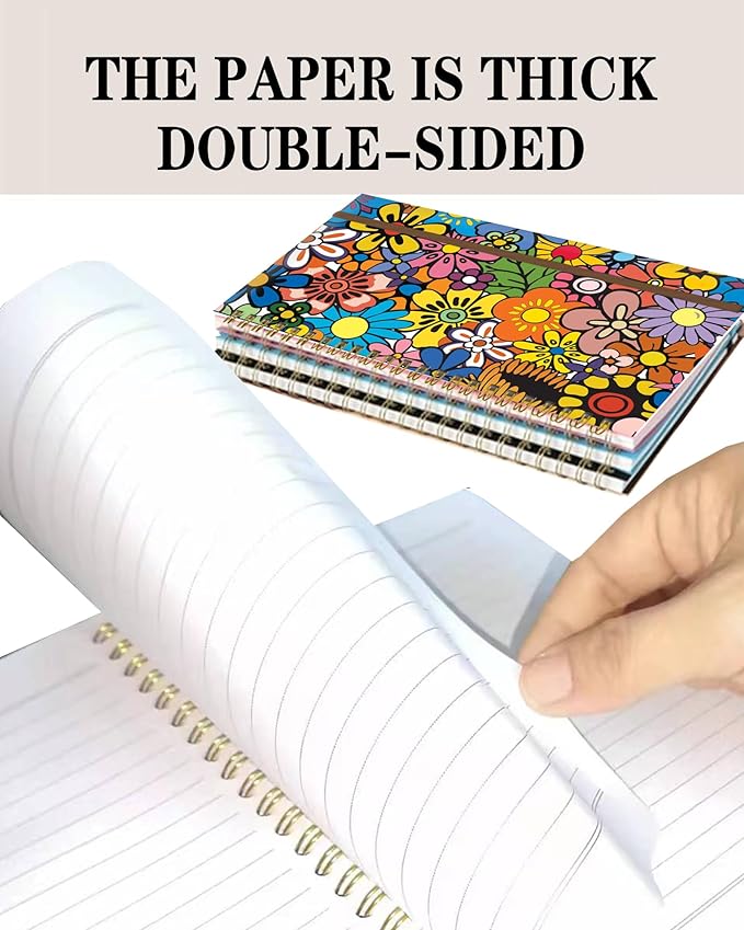 Spiral Journal Notebook, A5 Cute Notebooks for Women Men, College Ruled Hardcover Notebook for Work & Note Taking, 60 Pages Double-Wire Journals for Writing, Cute Colorful Boho Flowers