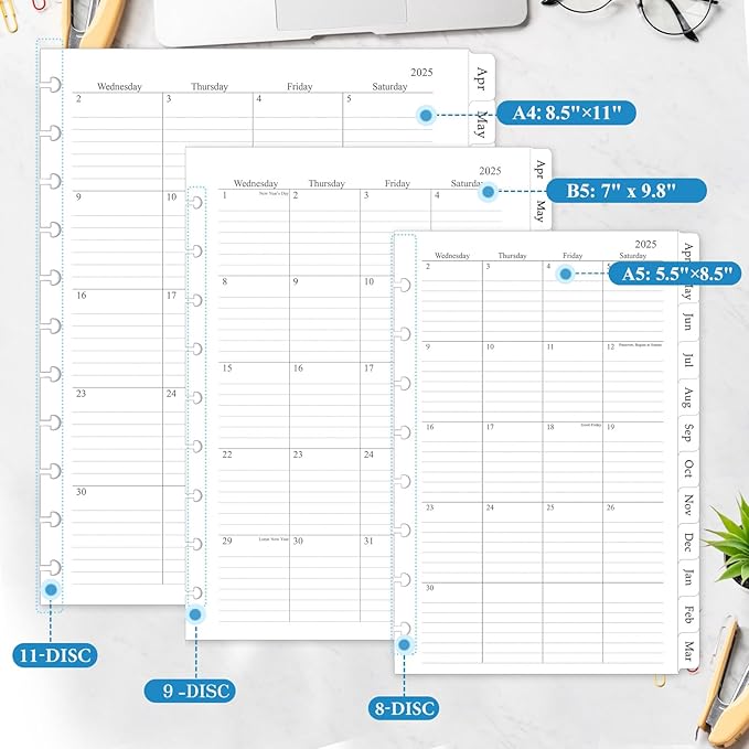 2025-2026 Monthly Planner Refill, Planner Inserts for 8-Disc Discbound, 5.5"x8.5", July 2025 - June 2026, 12 Monthly Calendars with Laminated Tabs