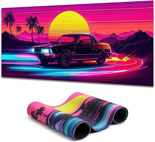 Manicer Retro Sunset Car Mouse Pad – Blacklight Gaming Desk Mat, UV Reactive Neon Glow in The Dark Mousepad, Extended 31.5” x 11.8” Non-Slip Rubber Base, Waterproof Cool Desk Pad for Office & Home