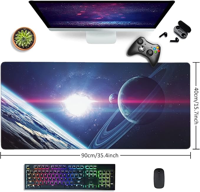 Planets and Nebula in Space Extended Gaming Mouse Pad Large Desk Mat with Non-Slip Rubber Base and Stitched Edges,Keyboard Mouse Mat Desk Pad for Work,Game,Office,Home 35.4 * 15.7 Inch