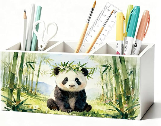 Panda Pen Pencil Holder for Desk Accessories, Cute Panda Gifts for Women & Kids, Wild Animal Wooden Box Sign Decorations for Kids Room Home Office Desk Tabletop