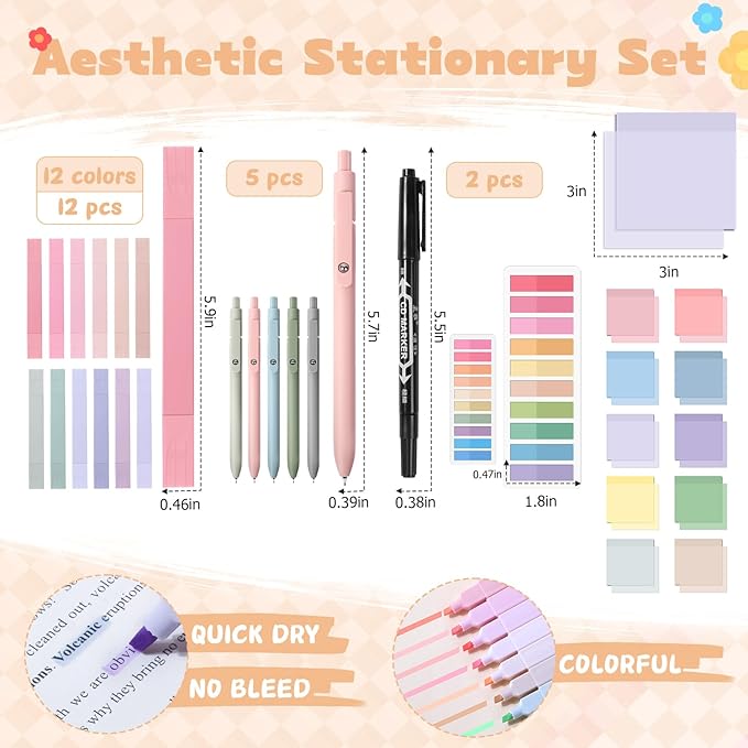 49Pcs Book Annotation Kit - Aesthetic School Supplies with Cute Pen Case Highlighters Gel Pens and Marker, Sheets Transparent Index Tabs Sticky Notes Bible Study Supplies(Green)