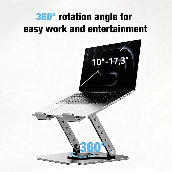Laptop Stand, Laptop Stand for Desk with 360° Rotating Base, Ergonomic Laptop Riser for Desk with Adjustable Height, Heat Dissipation, Fits with All Laptops 10-17.3"