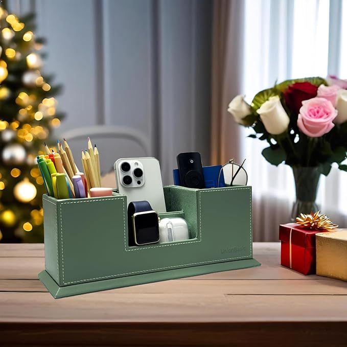 UnionBasic Desk Organizer, Desktop Caddy Leather Multi-compartment Pen Holder Office Stationer Organizer, Malachite Green