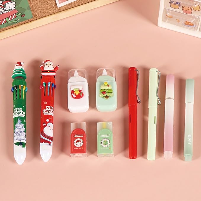 6 Pcs Cute Christmas Stationery Set for Girls Boys Women Men Xmas School Supplies Office Supplies Including Gel Ink Pens Ballpoint Pens Pencil Eraser Christmas Gift (Xmas-Red)